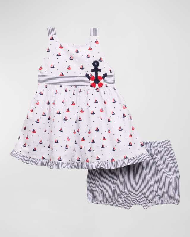 Girl's Sailboat-Print Seersucker Anchor Dress with Bloomers, Size 6M-